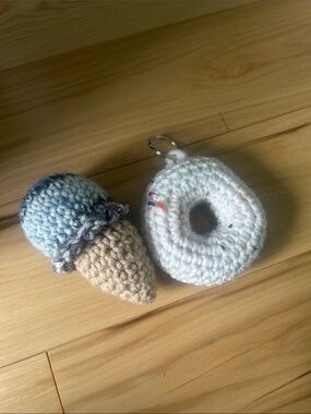 Handmade Crochet Ice Cream & Donut Keychain Set - White, Blue, Tan